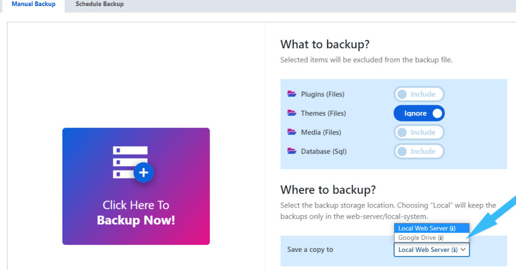 Backup manually and store either in the Local Web Server or Google Drive