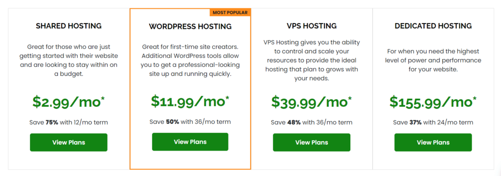 A2 Hosting Pricing Page Image