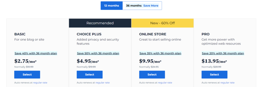 Bluehost Pricing Page Image.