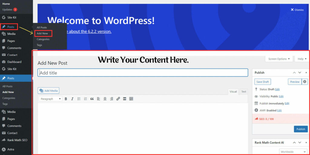 WordPress Dashboard Content Writing Image.