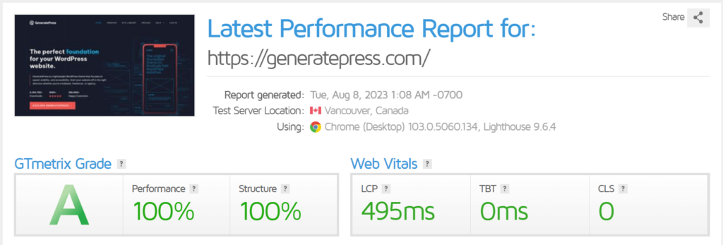 GeneratePress Performance Report Image