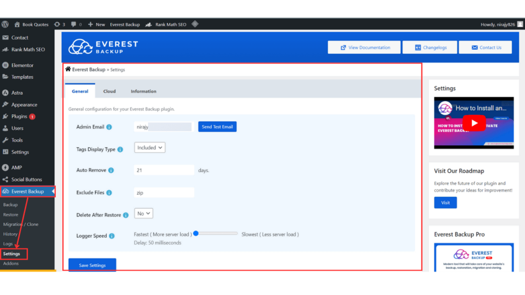 Everest backup setting page image.